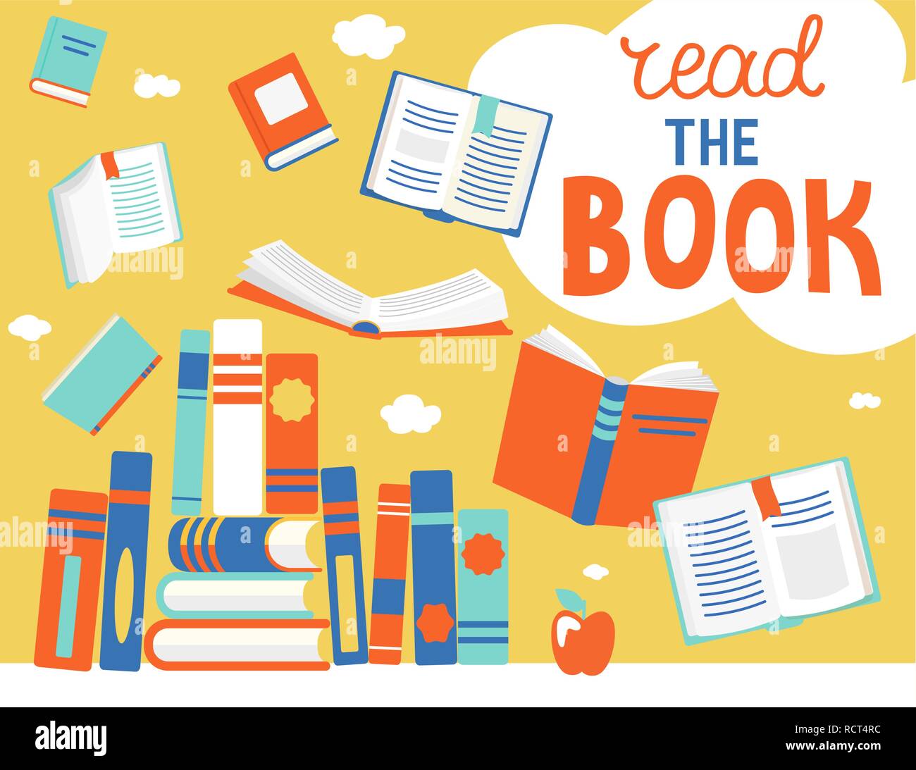 Close and open books in different positions with bubble read the book. Knowledge, learning, education, relax and enjoy concept design. Vector illustration in flat style. Stock Vector