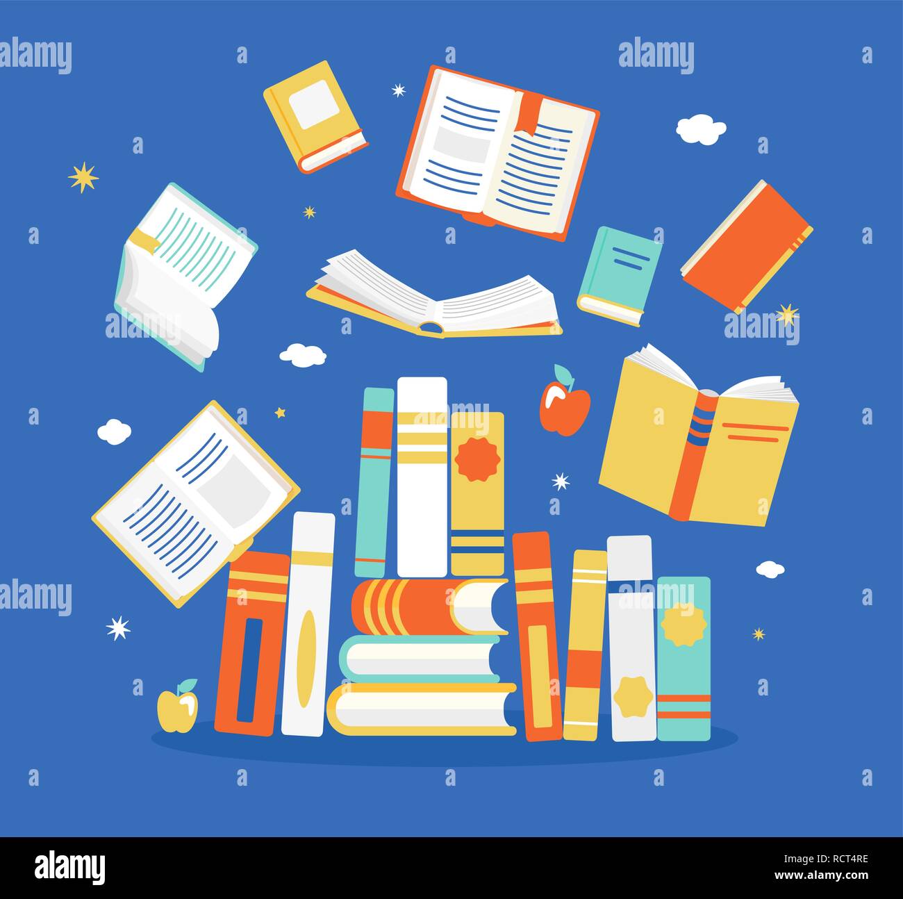 Close and open books in different positions. Knowledge, learning, education, relax and enjoy concept design. Vector illustration in flat style. Stock Vector