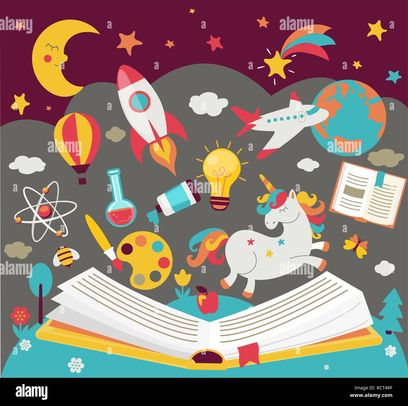 Concept of kids dreams while reading the book. hildrens imagination makes fairy tales real. Open book with many fabulous elements. Vector illustration in flat style. Stock Vector