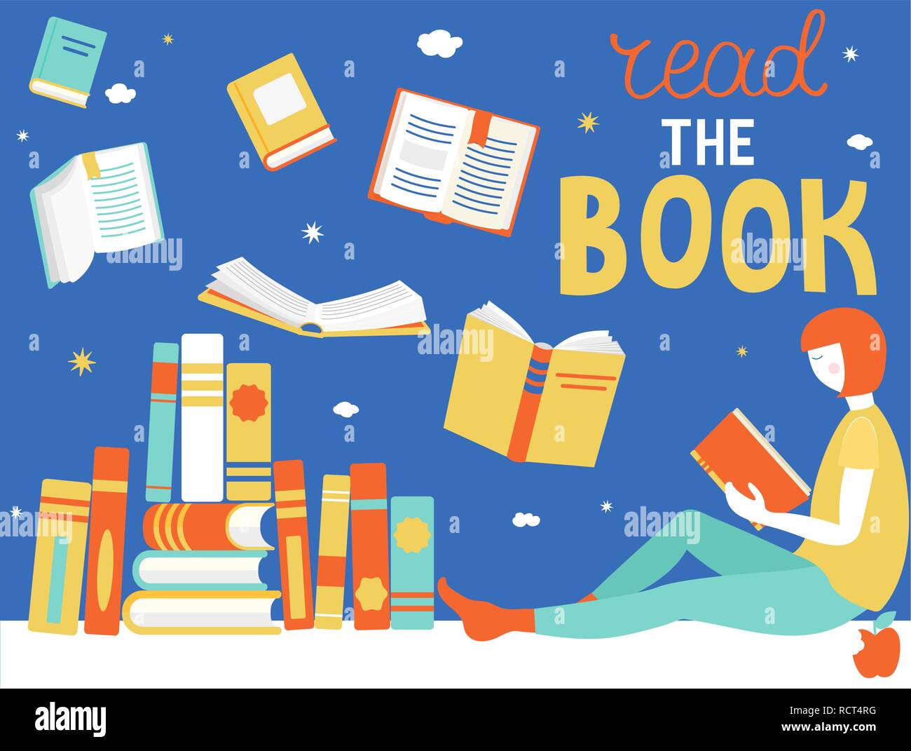 Young girl is Reading book. Close and open books in different positions. Learning and education, relaxation and enjoyment concept design. Vector illustration in flat style. Stock Vector