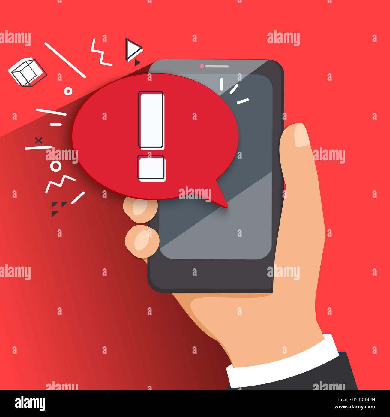 The concept of hazard or error notification in a mobile phone. Bubble with a message to be careful in the smartphone on a red background.Warning about spam, secure connection,fraud, a virus.Vector. Stock Vector