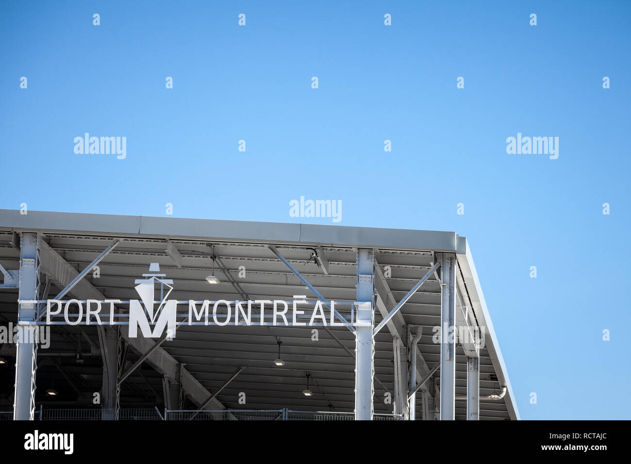 MONTREAL, CANADA - NOVEMBER 4, 2018: port de Montreal logo, in front of their docks in old Montreal, Quebec. Called as well Montreal port, it is a mai Stock Photo