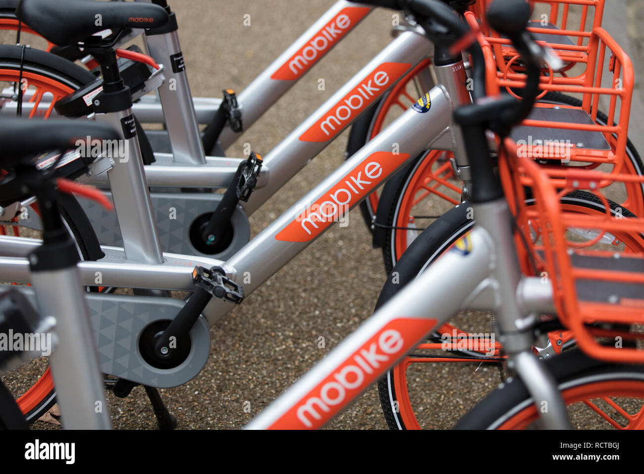 LONDON, ENGLAND - JANUARY 15, 2019: Mobike dockless bicycles parked in a street. Mobike is a bike sharing platform for short distance travel. Stock Photo