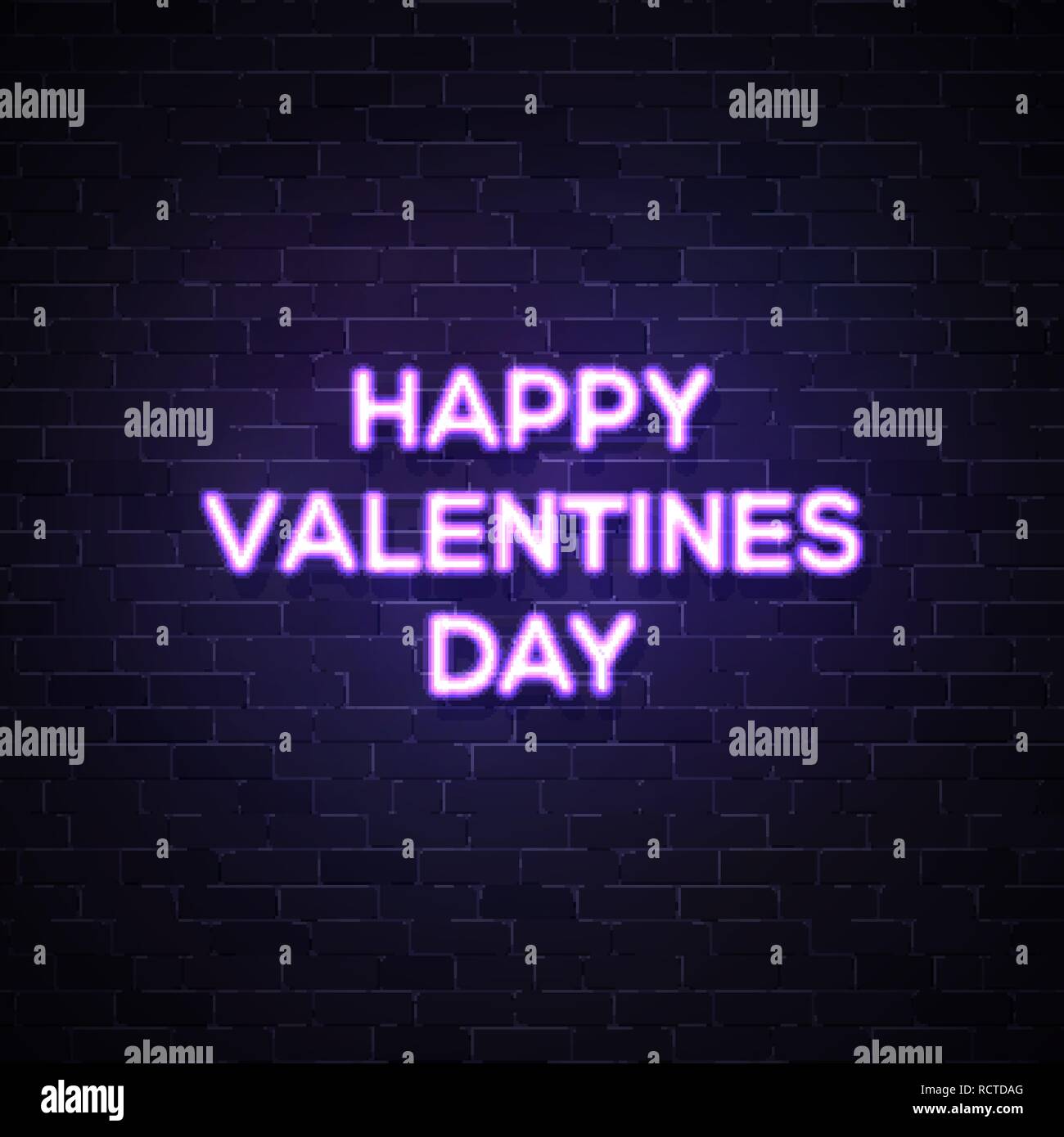 Happy Valentines Day text. Street neon sign on dark blue brick wall ...