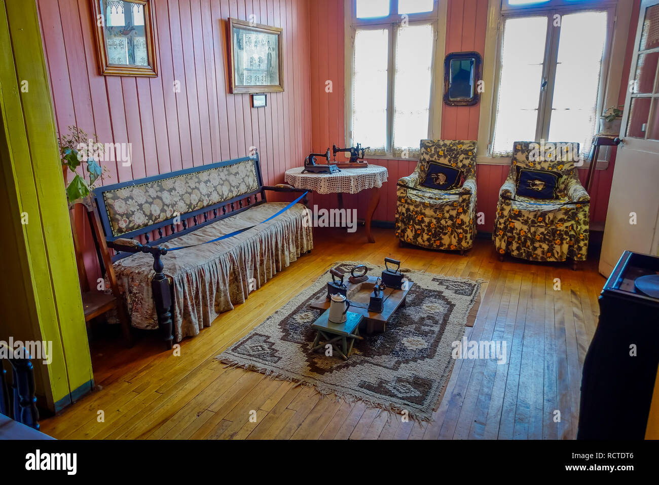 CHILOE, CHILE - SEPTEMBER, 27, 2018: Indoor view of old stove used by people for cooking in kitchen area, inside of Chonchi museum, donated by families of Chonchi, opened in 1996 Stock Photo