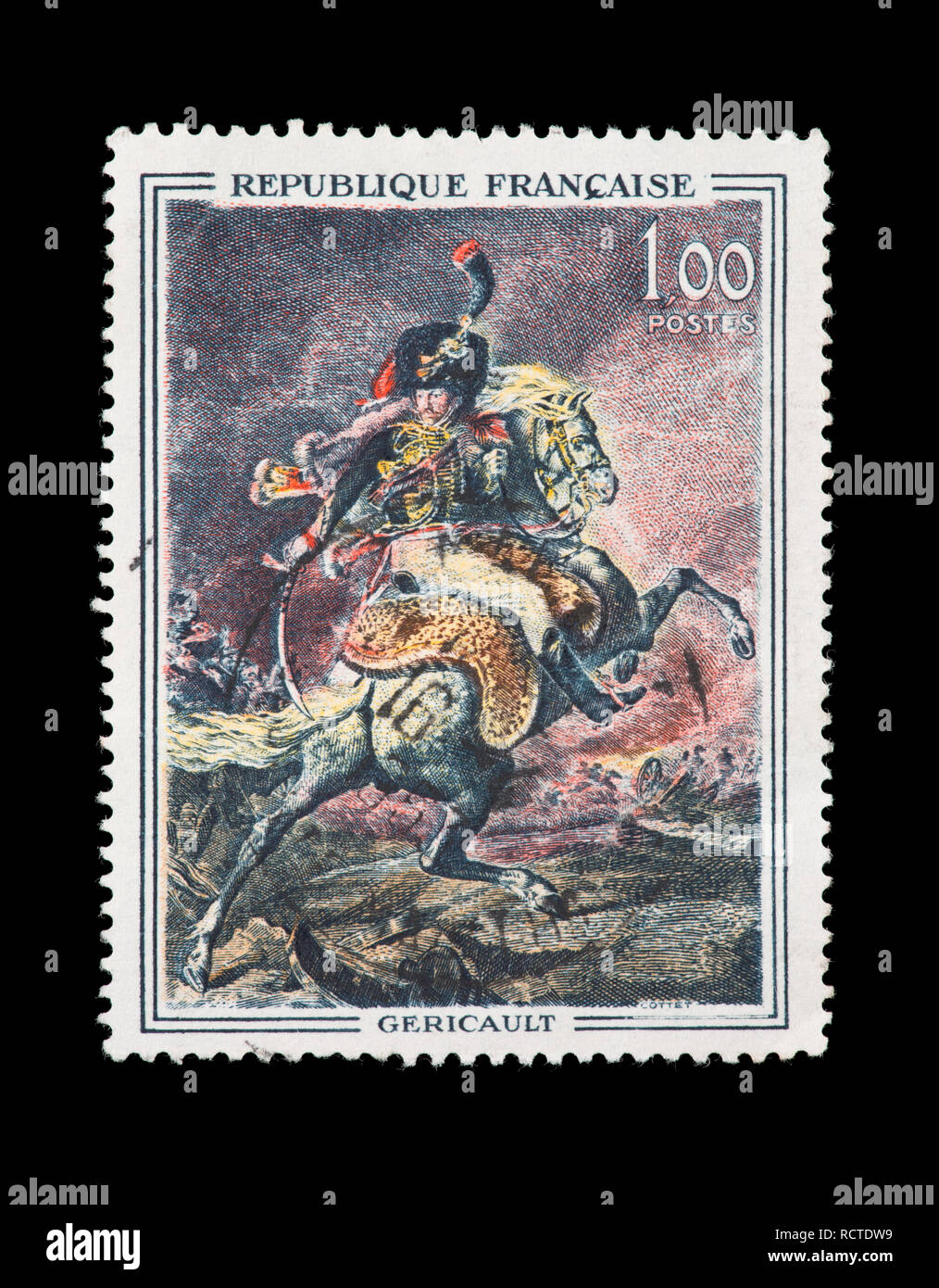 Postage stamp from France depicting the Theodore Gericault painting Guards Officer on Horseback Stock Photo