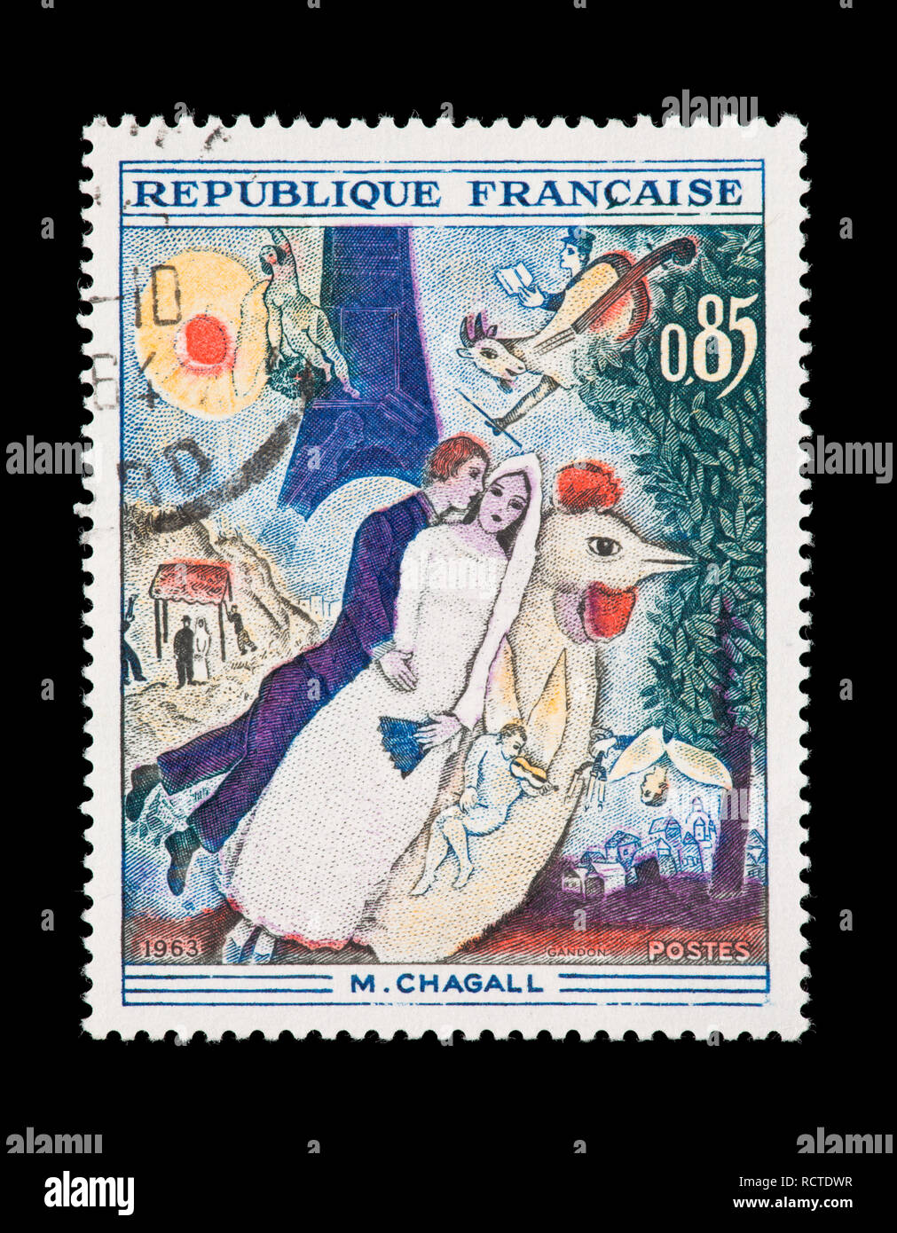 Postage stamp from France depicting the Marc Chagall The Married Couple of the Eiffel Tower Stock Photo