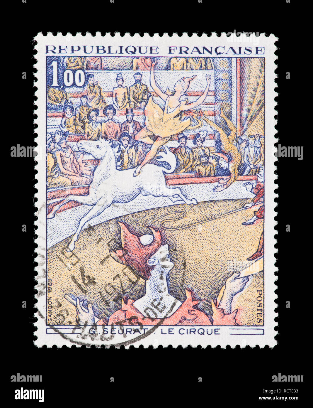 Postage stamp from France depicting the Georges Seurat The Circus Stock Photo