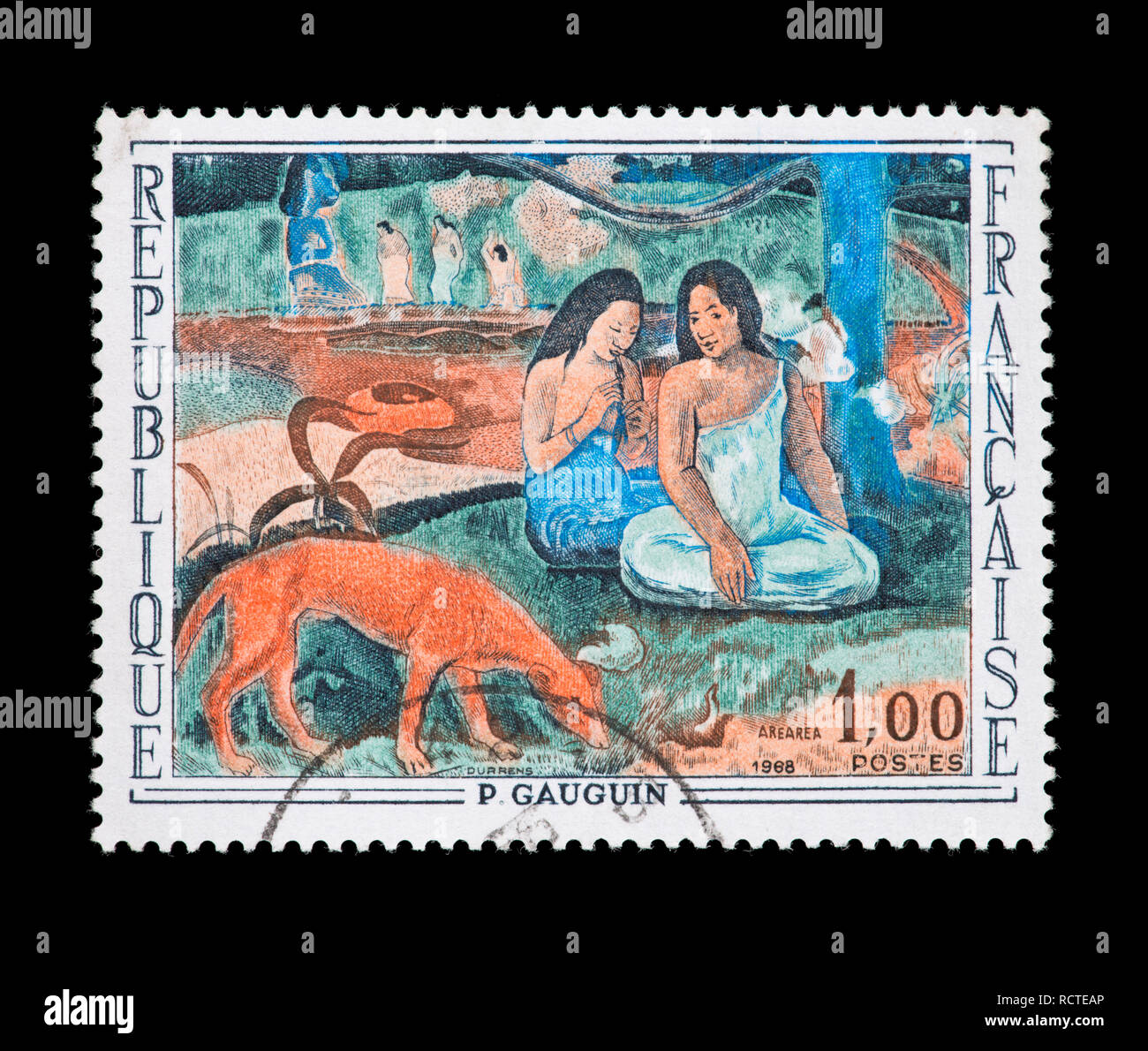 Postage stamp from France depicting the Paul Gauguin painting 'Arearea (Merriment)' Stock Photo