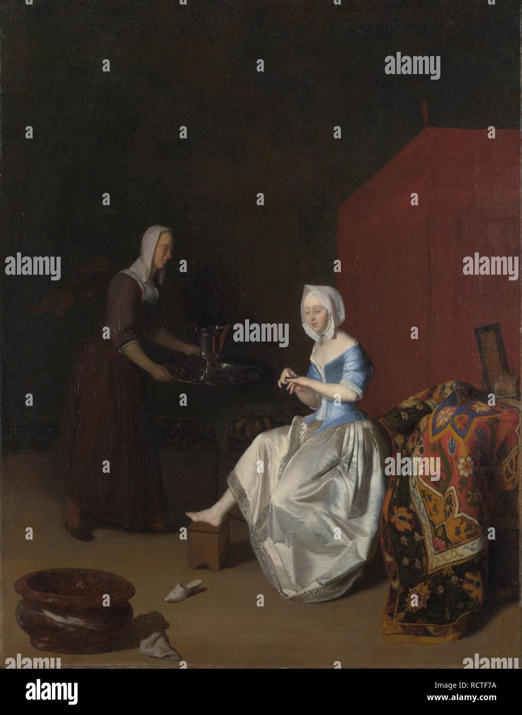 A Young Lady trimming her Fingernails, attended by a Maidservant. Museum: National Gallery, London. Author: Ochtervelt, Jacob Lucasz. Stock Photo