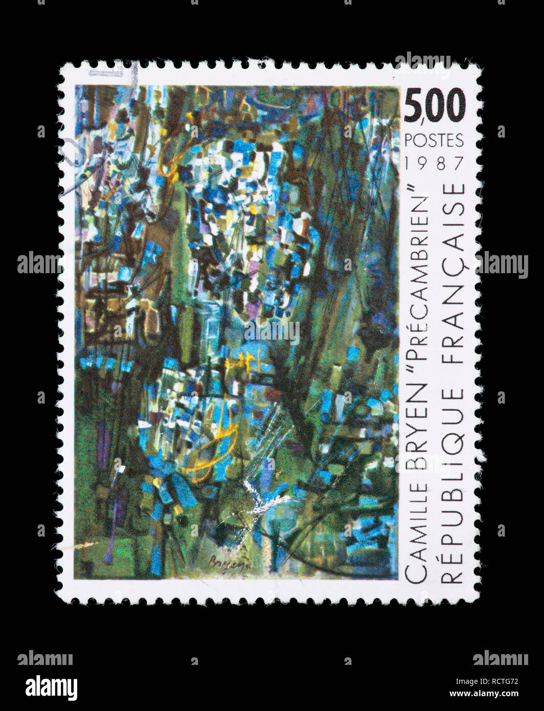 Postage stamp from France depicting the Camille Bryen painting Precambrien. Stock Photo
