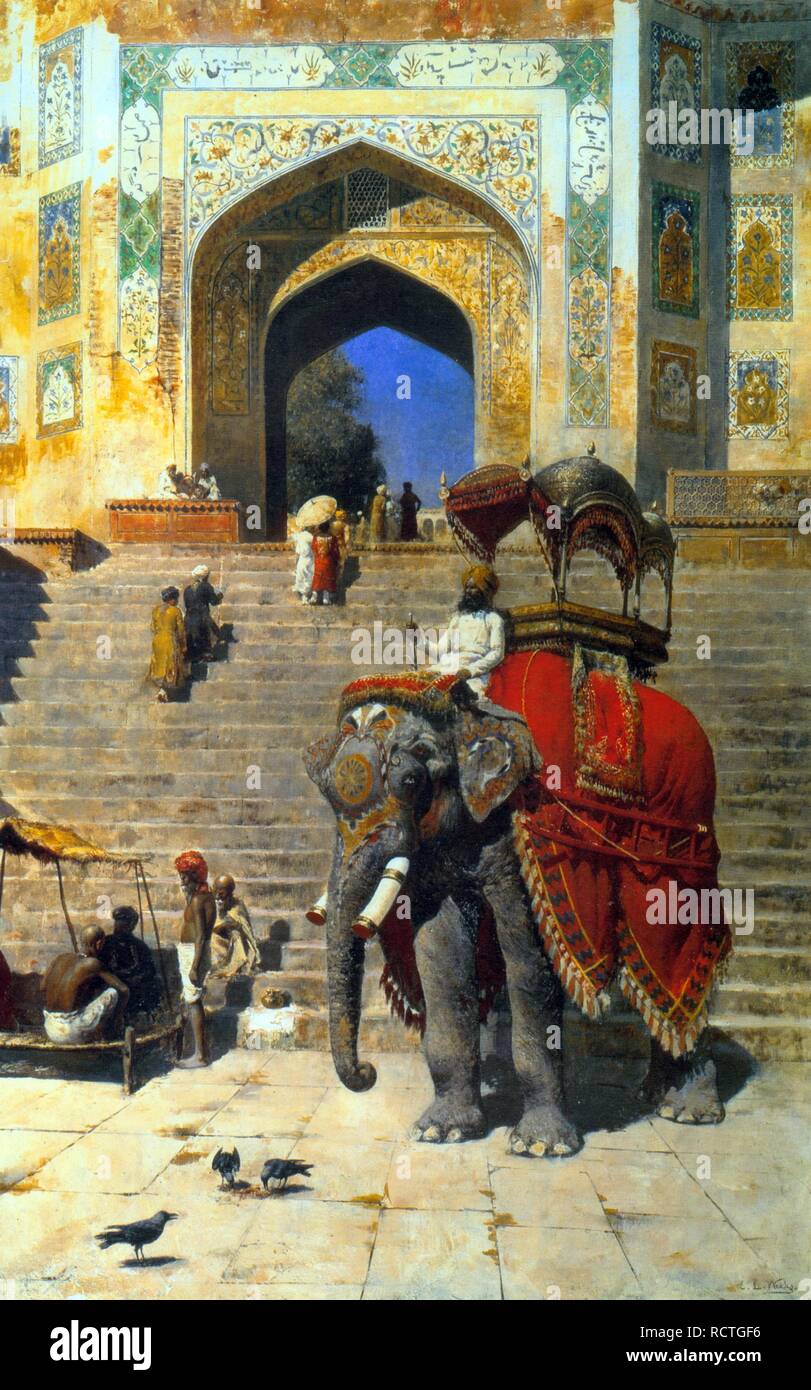 Royal Elephant at the Gateway to the Jami Masjid, Mathura. Museum: PRIVATE COLLECTION. Author: WEEKS, EDWIN LORD. Stock Photo