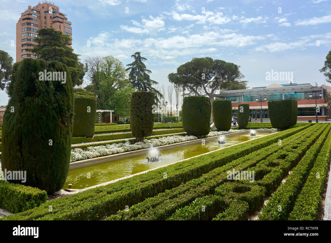 Water pond, plants and trees inside the Gardens of Cecilio Rodriguez, located in the Park of Good Retirement, one of the most famous attractions in Ma Stock Photo