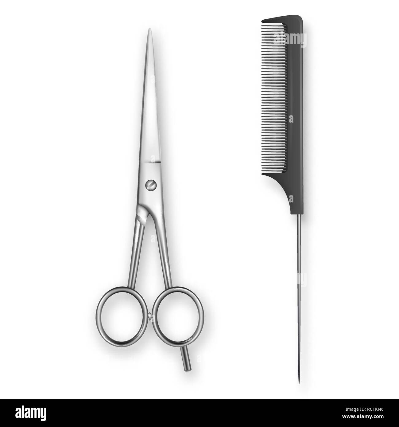 Vector Realistic 3d Classic Simple Scissors and Black Plastic Hairdresser s Comb Icon for Salon, Barbershop, Mock-up Closeup Isolated on White. Design Template of Hair Comb for Mockup. Top View Stock Vector