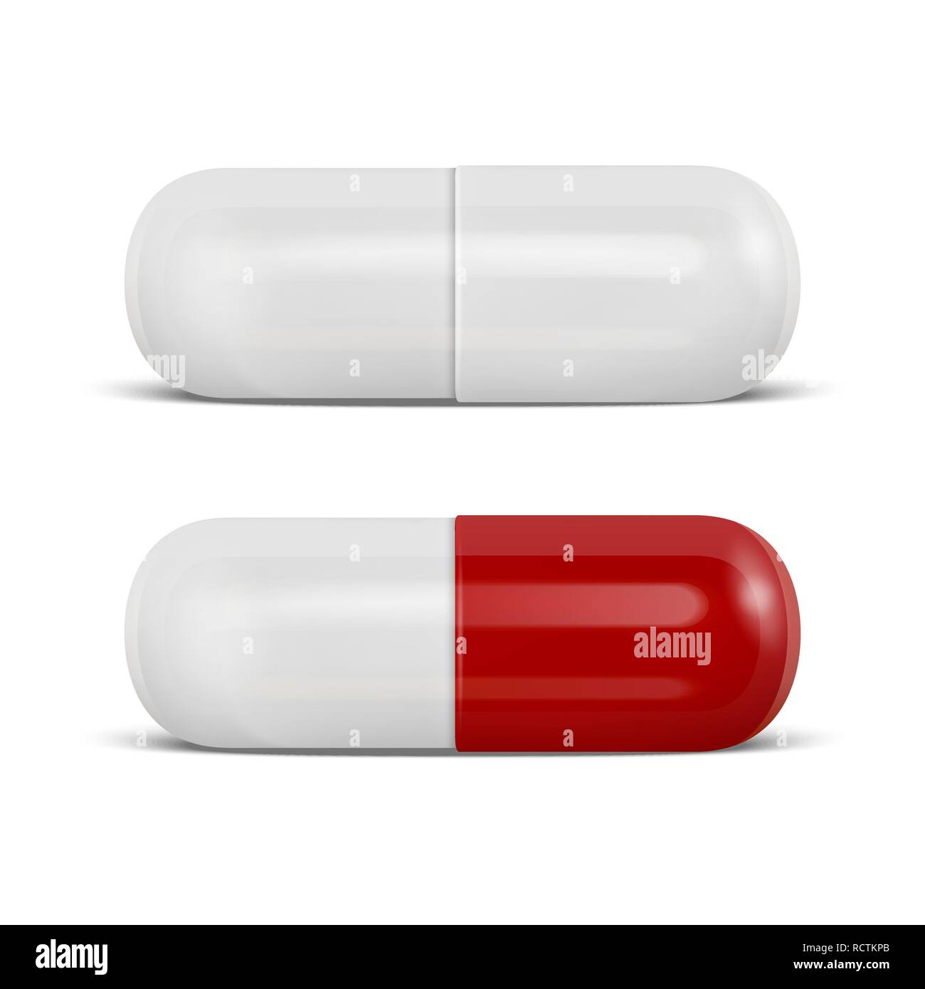 Vector 3d Realistic White and Red Medical Pill Icon Set Closeup