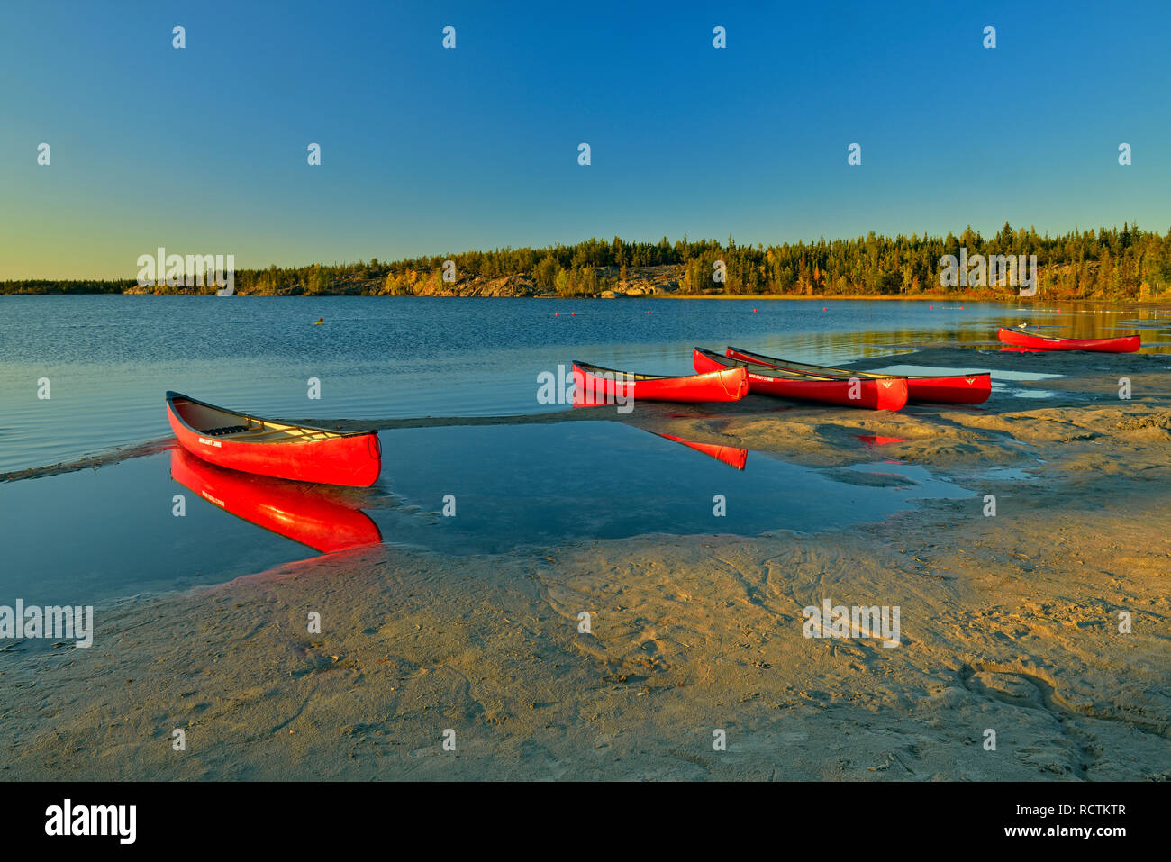 Canoes on shore of Long Lake, Fred Henne Territorial Park, Yellowknife, Northwest Territories, Canada Stock Photo