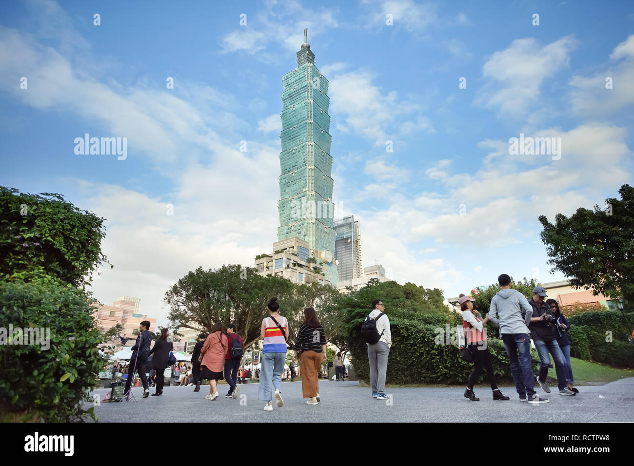 Taipei, Taiwan - November 24, 2018: The high building Taipei 101 tower located in finacial distict, Taipei, Taiwan. Stock Photo