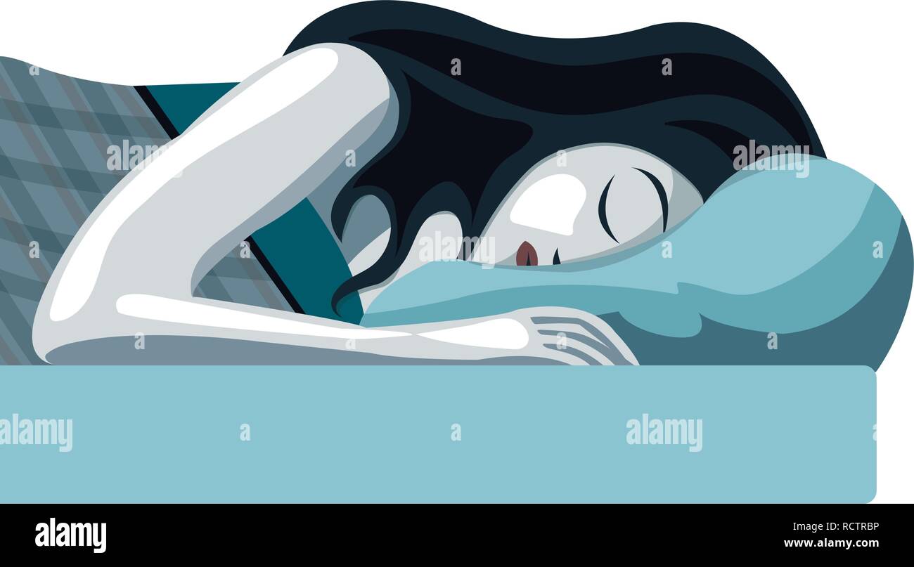 Woman sleeping with head on pillow, bed and mattress. Rest. Sleeping on