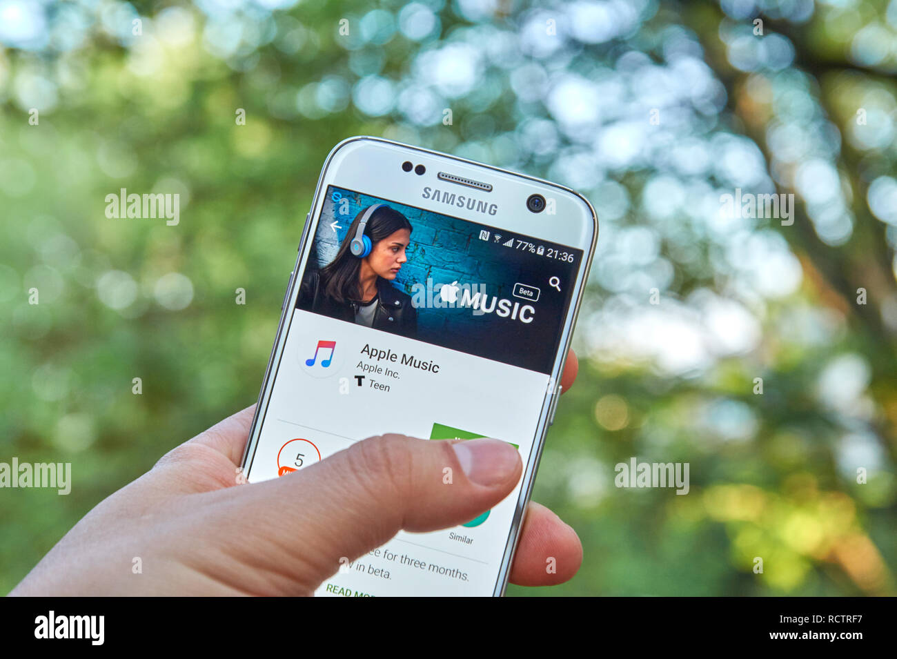MONTREAL, CANADA - MAY 23, 2016 : Apple Music android application on Samsung S7 screen. Apple Music is a music streaming service, developed by Apple I Stock Photo