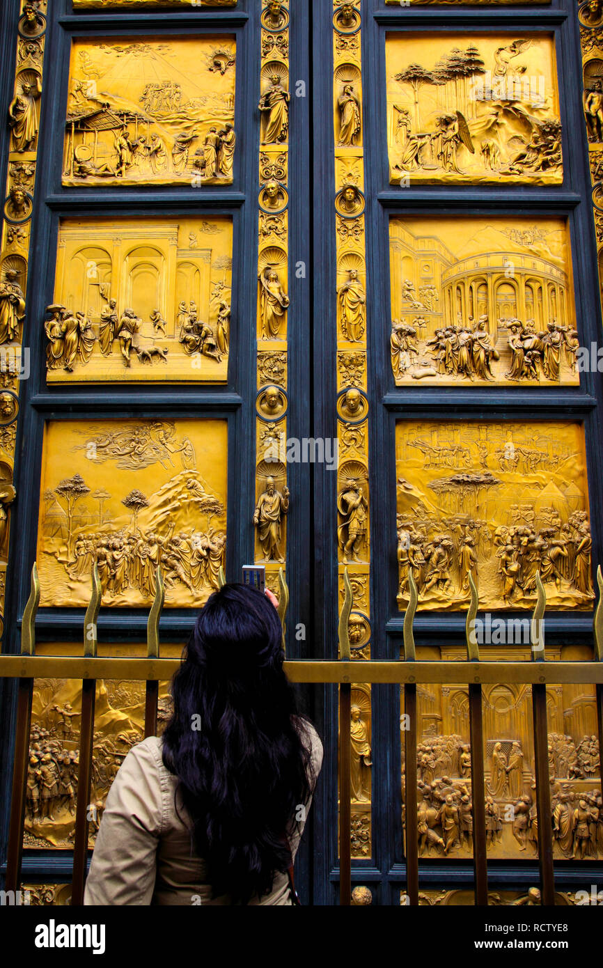 The East Doors of the Baptistry in Florence featuring the 'Gate of Paradise' by Ghiberti. Stock Photo