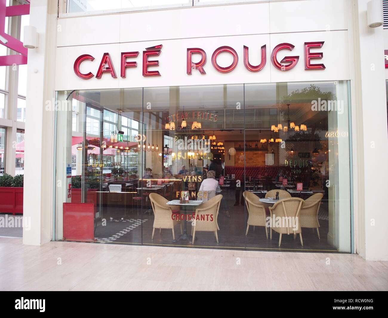 Cafe Rouge restaurant in Milton Keynes shopping centre, empty tables in