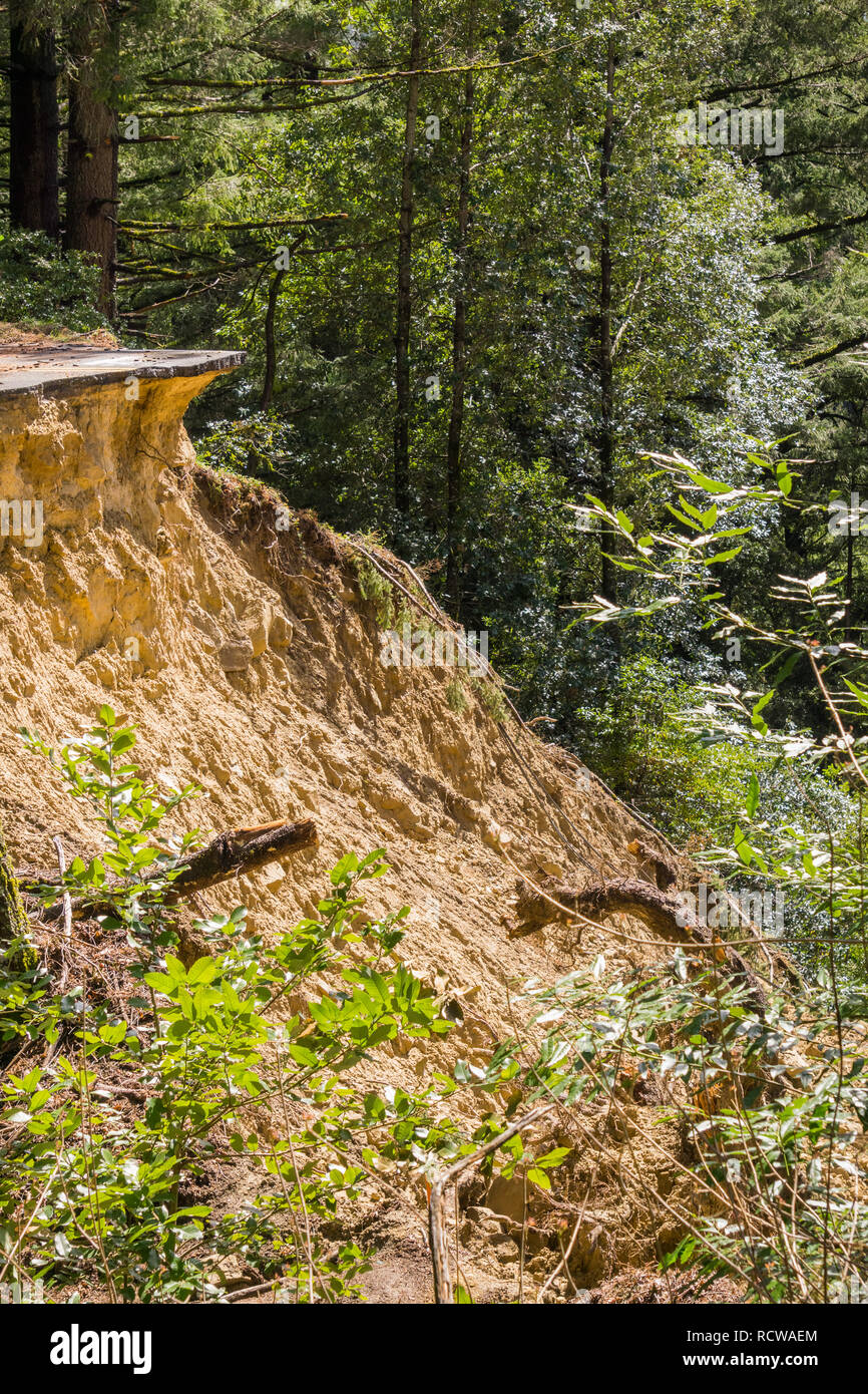Collapsed paved road due to a landslide as result of heavy rains, San Francisco bay area, California Stock Photo
