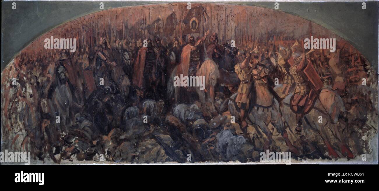 The Battle of Kulikovo on September 8, 1380. Museum: State Russian Museum, St. Petersburg. Author: Korovin, Sergei Alexeevich. Stock Photo