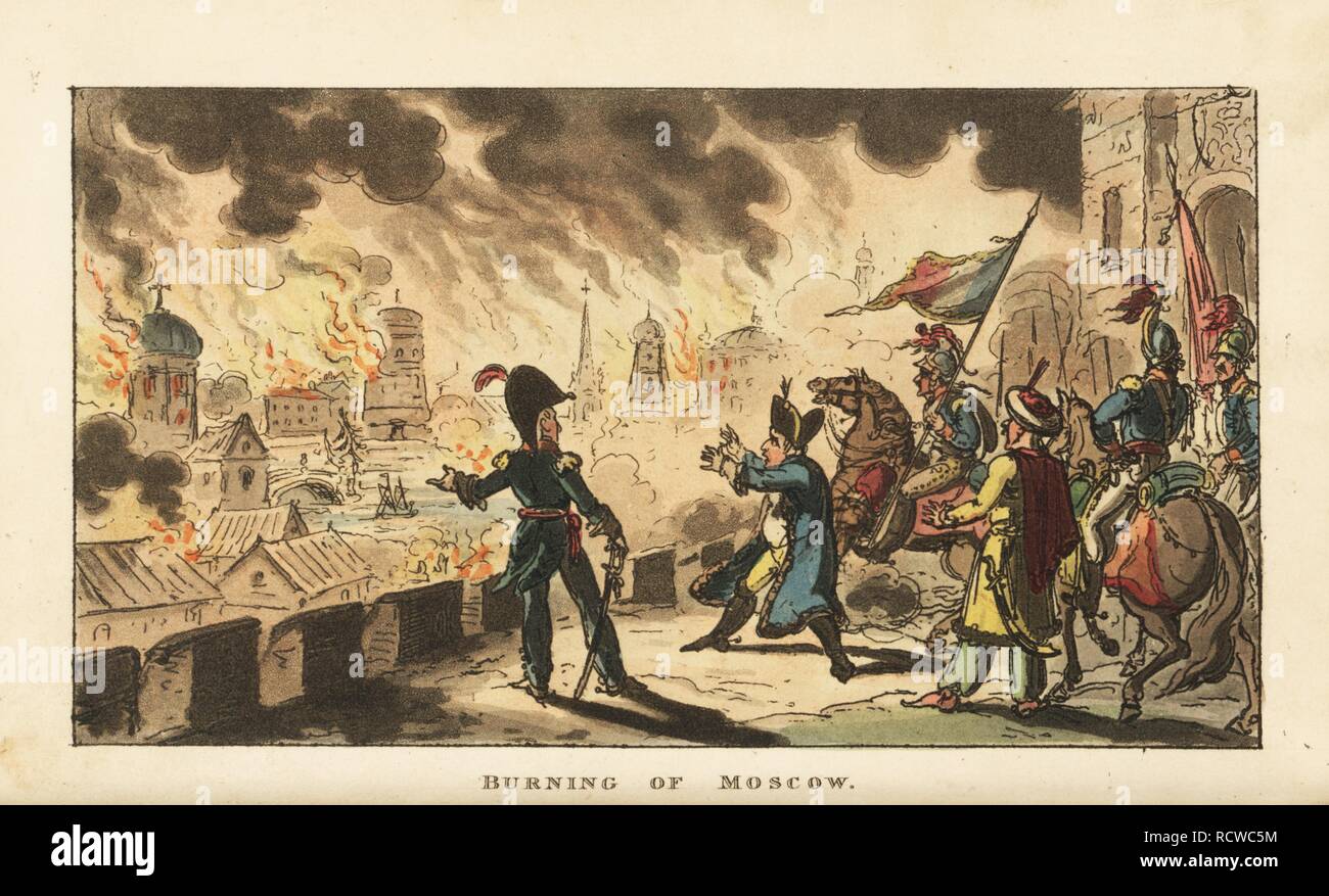 Napoleon Bonaparte watching the Fire of Moscow after the Battle of Borodino, 1812. Handcoloured copperplate engraving by George Cruikshank from The Life of Napoleon a Hudibrastic Poem by Doctor Syntax, T. Tegg, London, 1815. Stock Photo