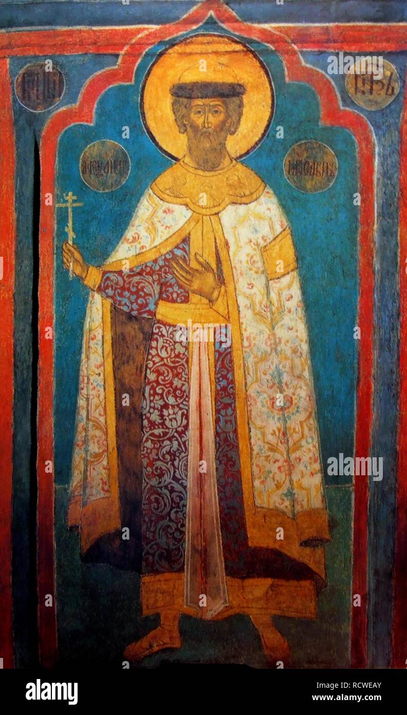 Alexander Nevsky, Duke of Novgorod, Grand Duke of Vladimir (1220-1263). Museum: Archangel Michael Cathedral in the Kremlin, Moscow. Author: Ancient Russian frescos. Stock Photo