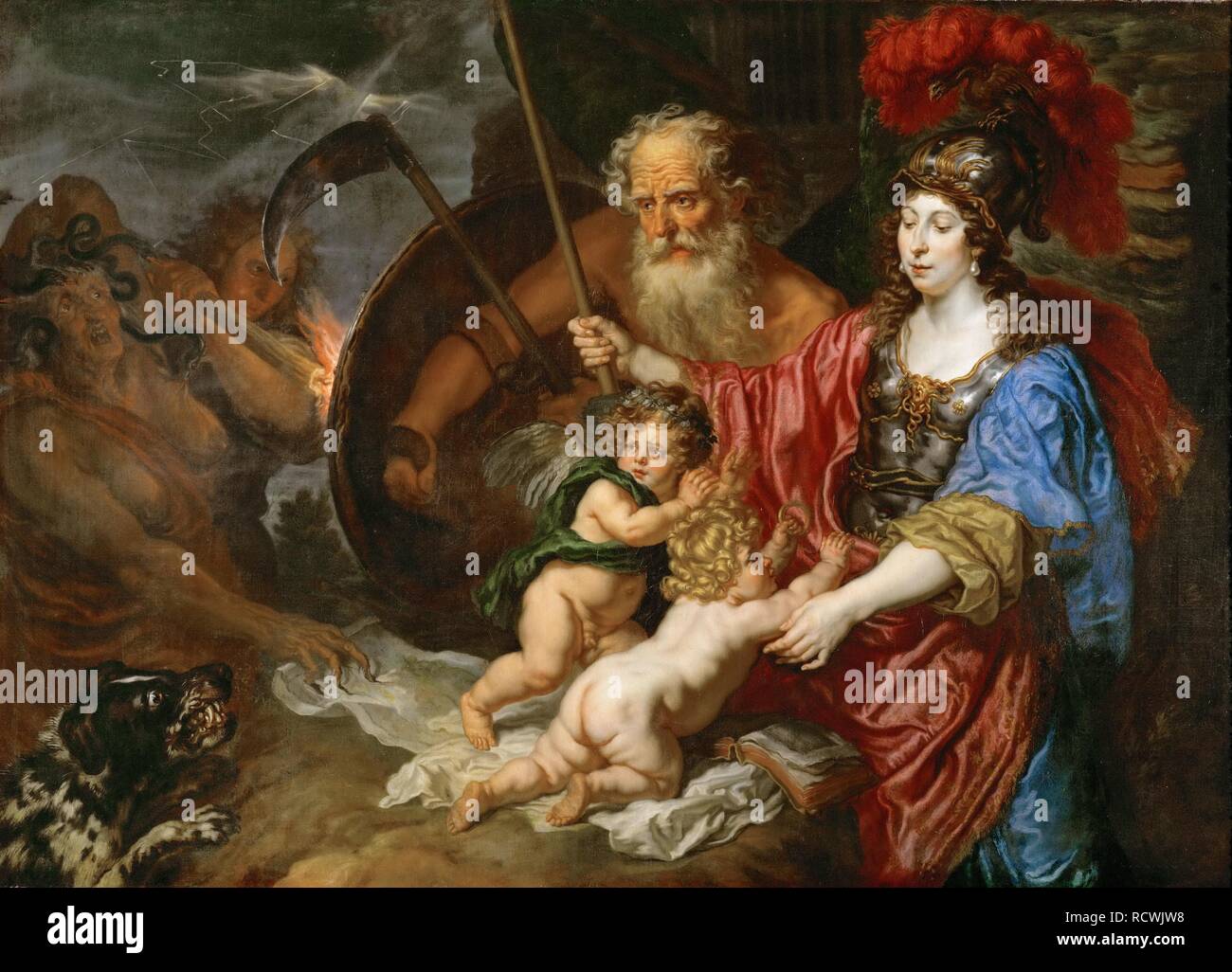 Minerva and Saturn protecting Art and Science from Envy and Falsehood. Museum: Art History Museum, Vienne. Author: VON SANDRART, JOACHIM. Stock Photo