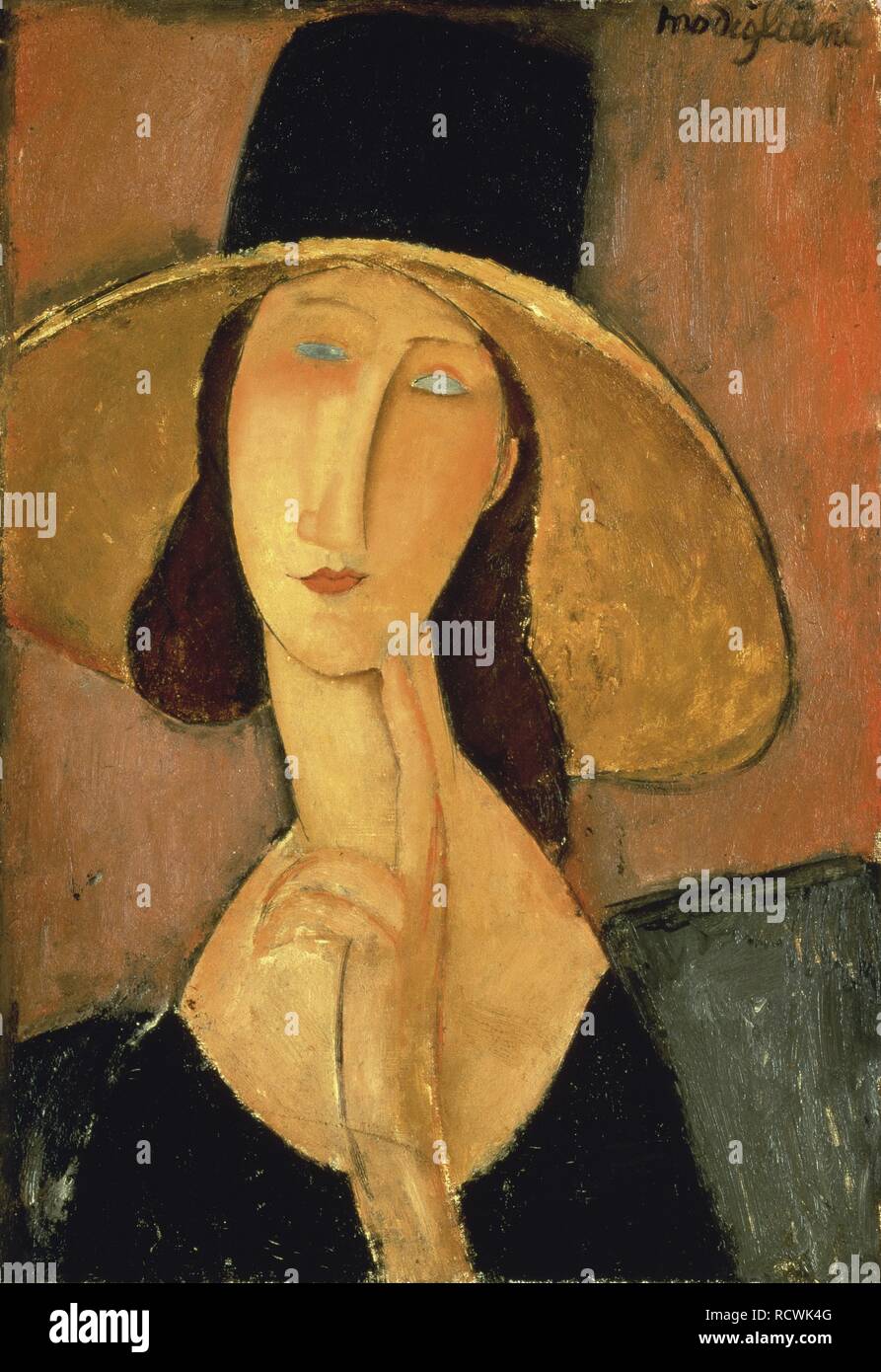 Jeanne Hébuterne with big hat. Museum: PRIVATE COLLECTION. Author: Modigliani, Amedeo. Stock Photo