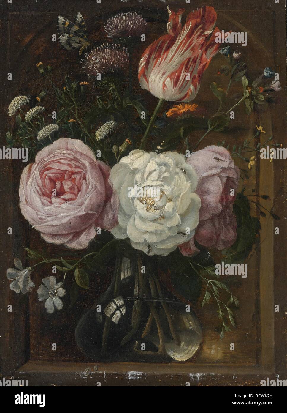 Flower still life with a tulip and roses in a glass vase. Museum: PRIVATE COLLECTION. Author: HEEM, JAN DAVIDSZ DE. Stock Photo