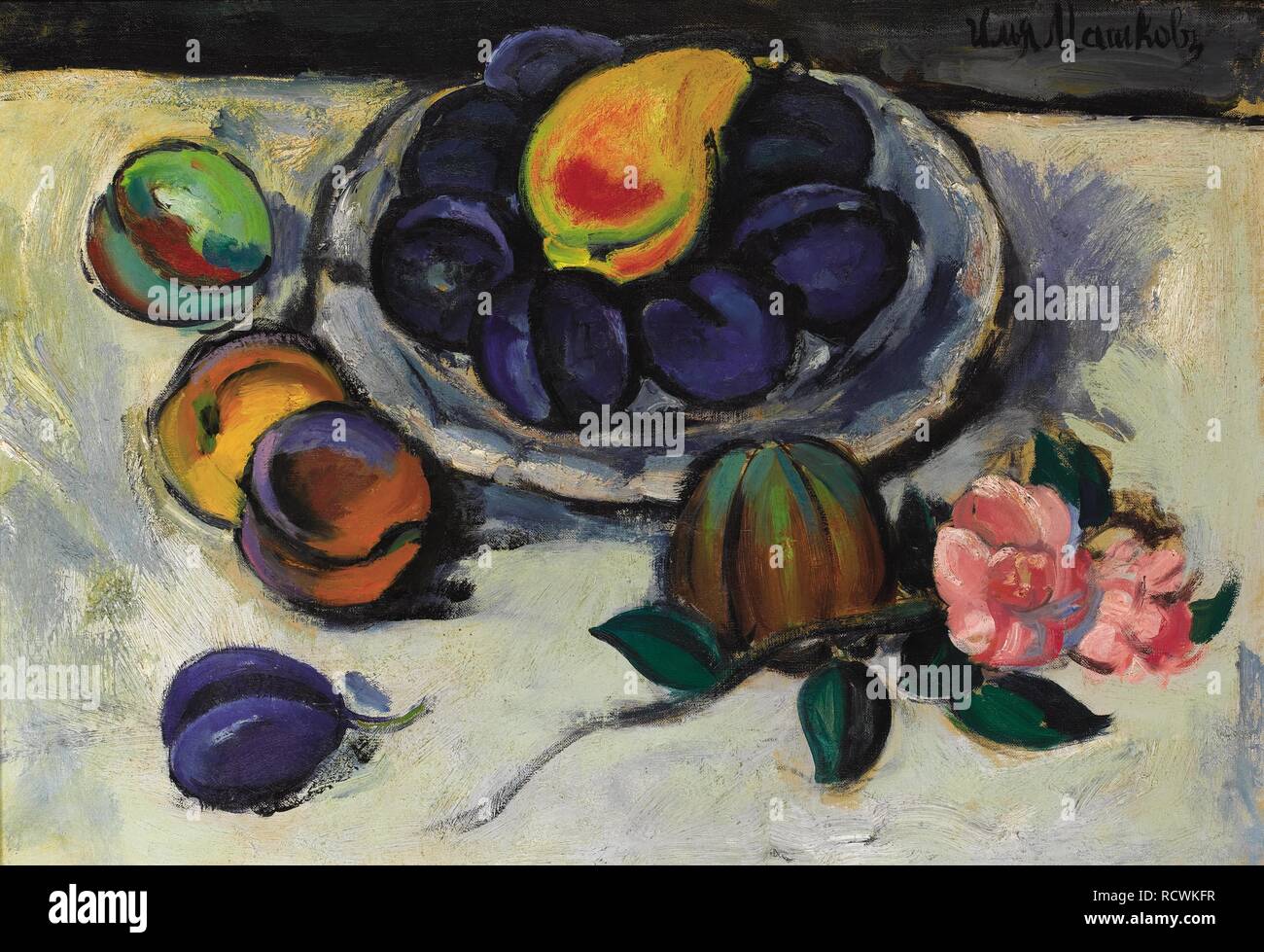 Still Life with Plums and Pink Flower. Museum: PRIVATE COLLECTION. Author: Mashkov, Ilya Ivanovich. Stock Photo