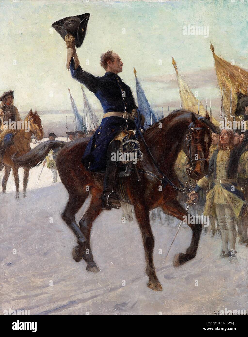 Charles XII greets his Caroleans. Museum: PRIVATE COLLECTION. Author: Cederström, Gustaf. Stock Photo