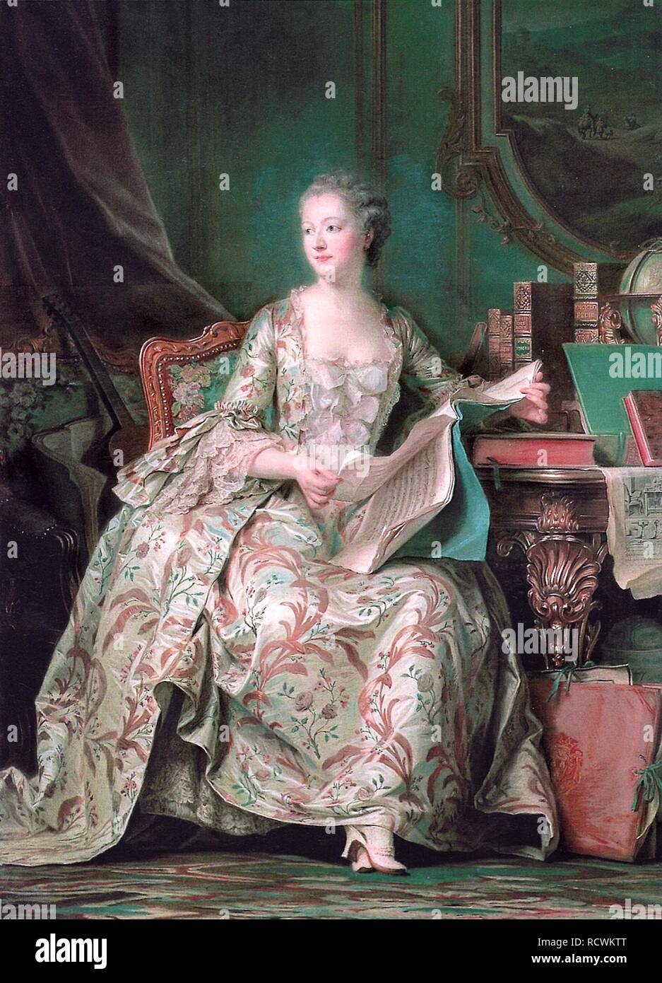 Full-length portrait of the Marquise de Pompadour (1721-1764). Museum: Musée de l'Histoire de France, Château de Versailles. Author: LA TOUR, MAURICE QUENTIN DE. Stock Photo