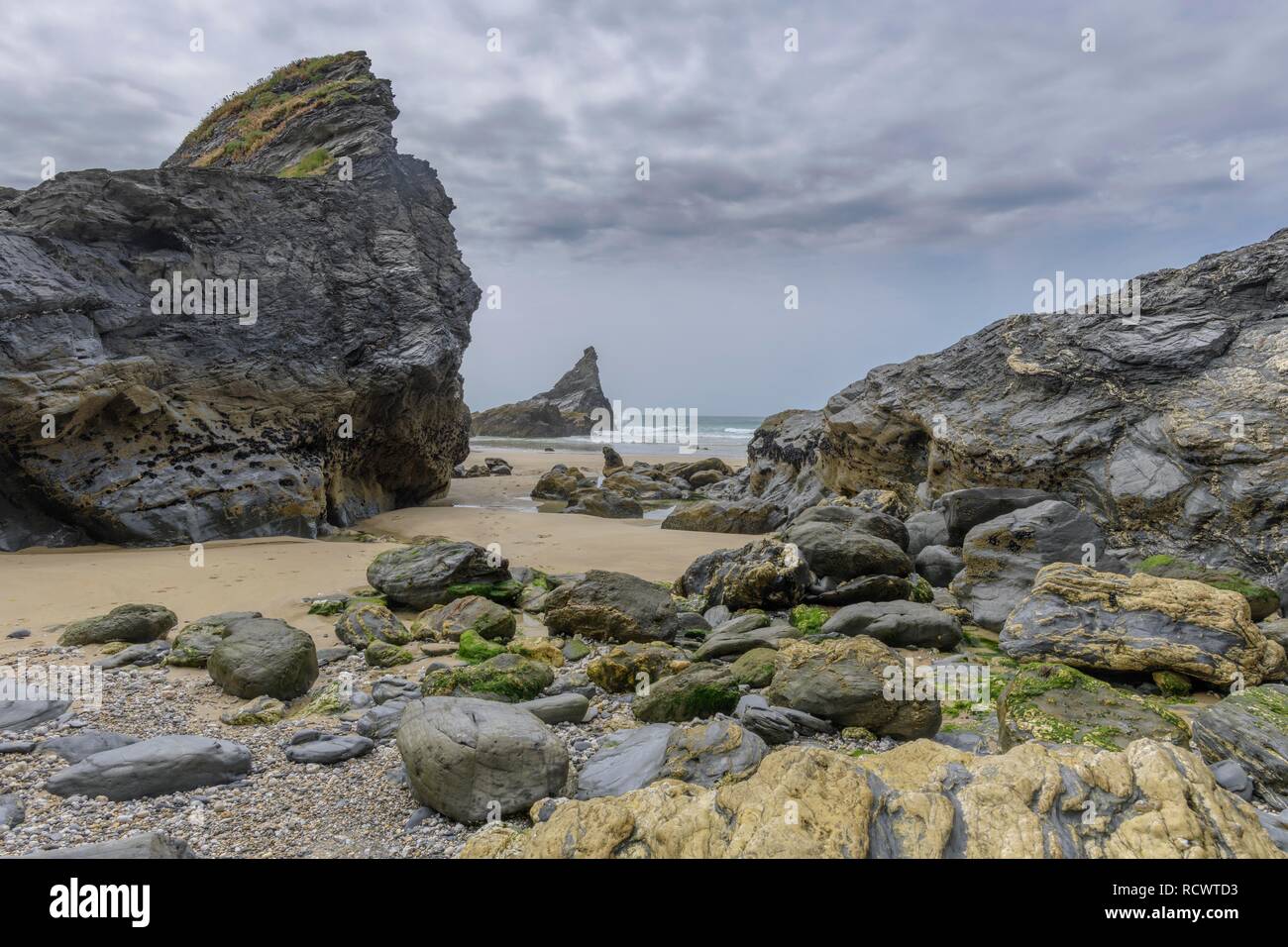 Rocky coast of the Bedruthan Steps, Saint Eval, England, Great Britain Stock Photo