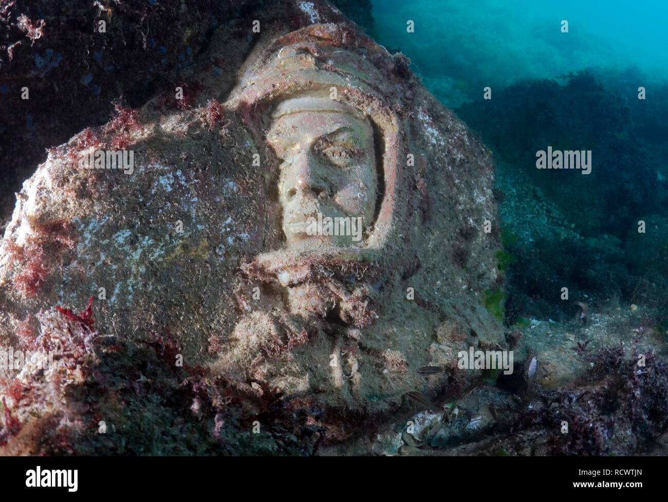Underwater museum "Reddening leaders", Cosmonaut Yury Gagarin, sculpture, Cape Tarhankut, Tarhan Qut, Crimea, Ukraine Stock Photo