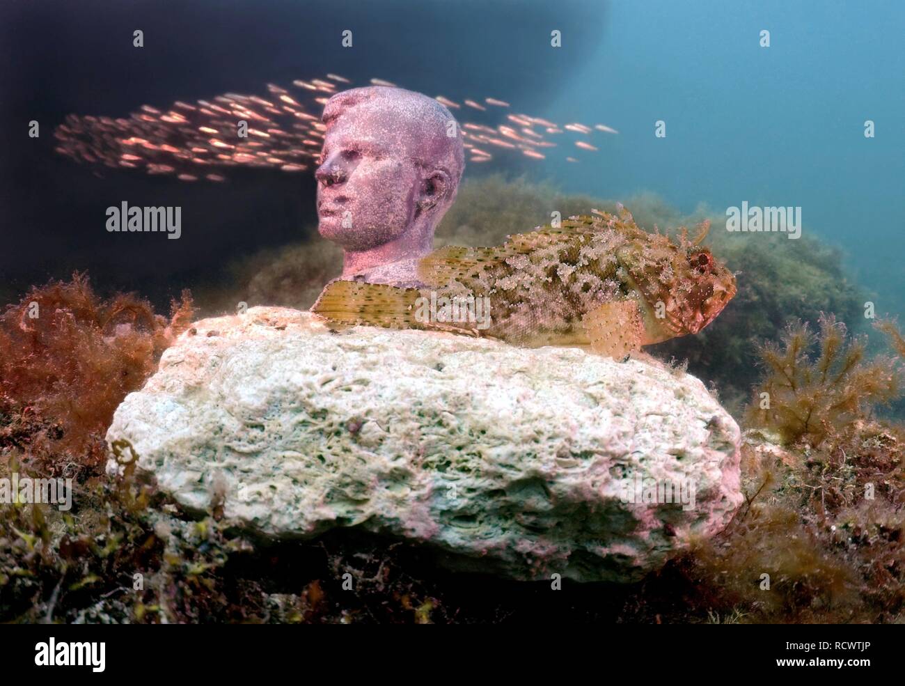 Underwater museum "Reddening leaders", Cosmonaut Yury Gagarin, sculpture, Cape Tarhankut, Tarhan Qut, Crimea, Ukraine Stock Photo