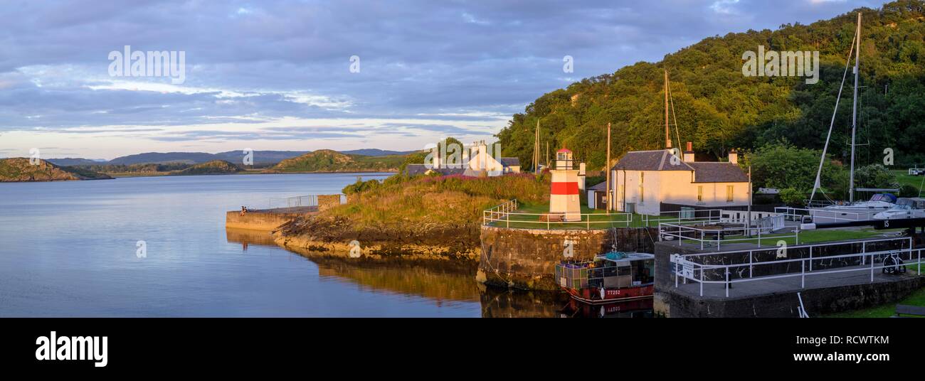 Lighthouse and First Lock, Crinan, Scotland, Great Britain Stock Photo