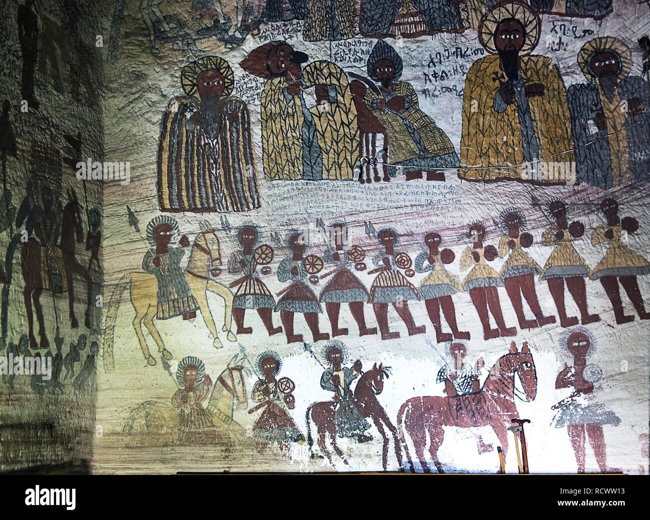 Historical wall painting in the rock church Yohannes Maequddi, depictions from church history, orthodox rock church Yohannes Stock Photo