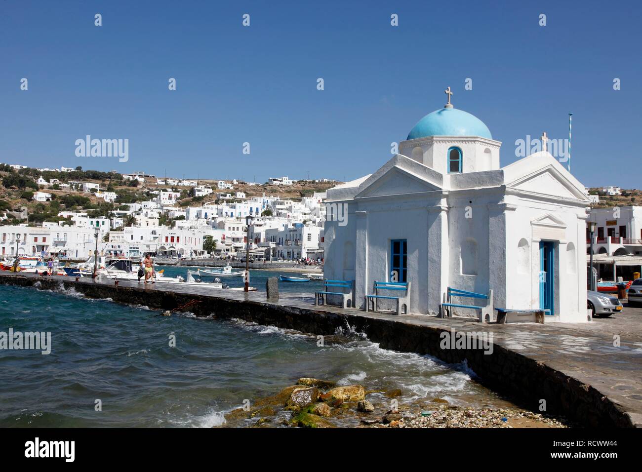 Church in the Bay of Mykonos, fishing harbor, old town, Mykonos, Greece, Europe Stock Photo