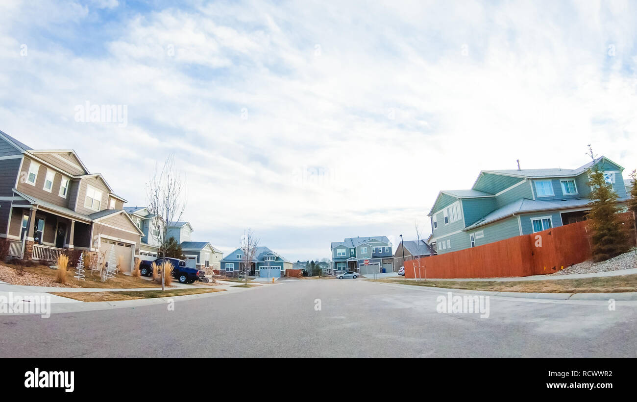 Driving through new residential neighborhood in suburbia Stock Photo