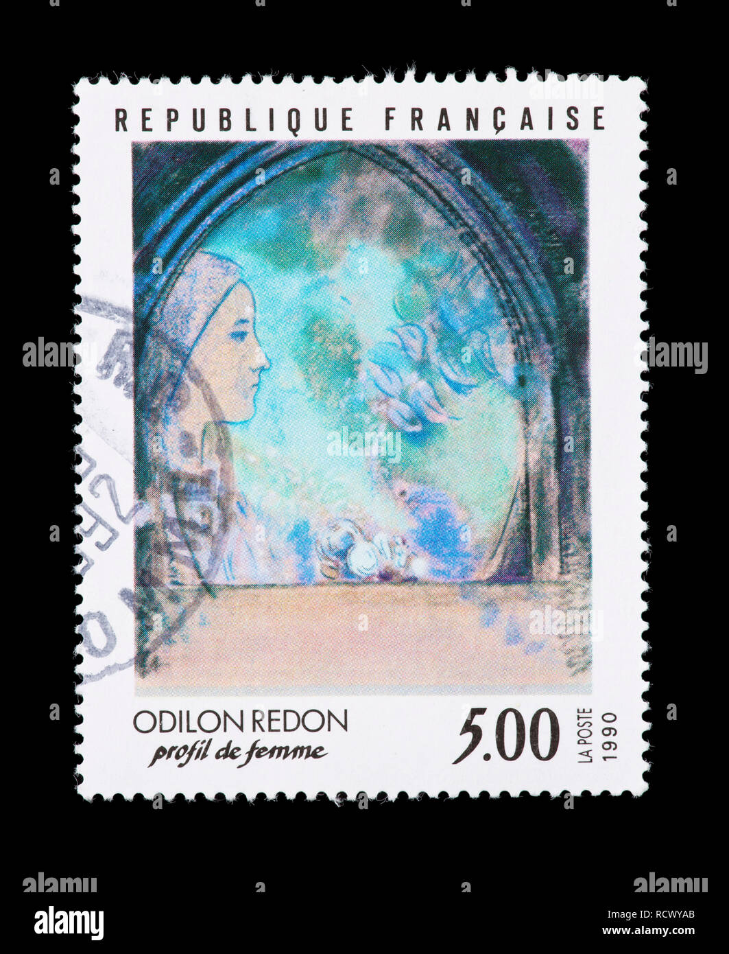 Postage stamp from France depicting the Odilon Redon painting Profile of a Woman Stock Photo