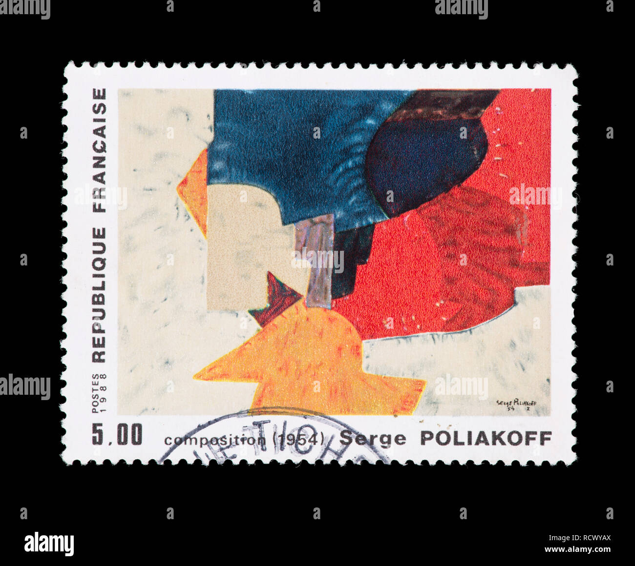 Postage stamp from France depicting the Serge Poliakoff painting 'Composition, 1954'. Stock Photo