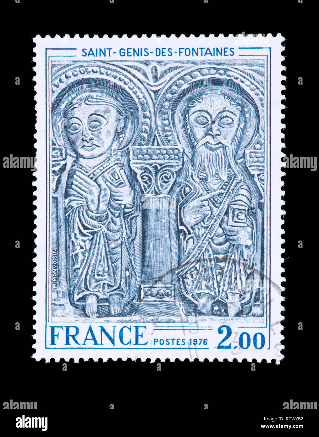Postage stamp from France depicting Lintel, St. Genis des Fontaines Church. Stock Photo