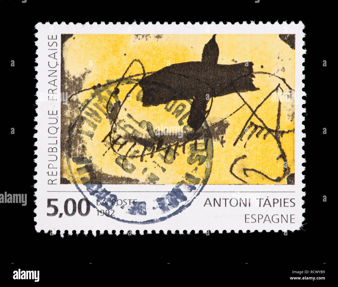 Postage stamp from France depicting and abstract painting by Antoni Tapies Stock Photo