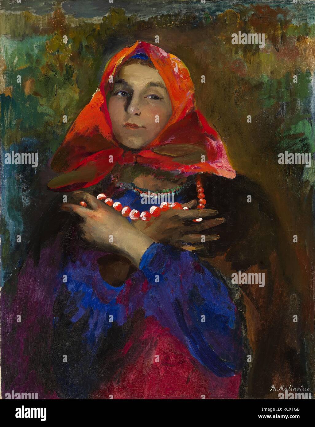Russian Maiden in a Red Headscarf. Museum: PRIVATE COLLECTION. Author: Malyavin, Filipp Andreyevich. Stock Photo