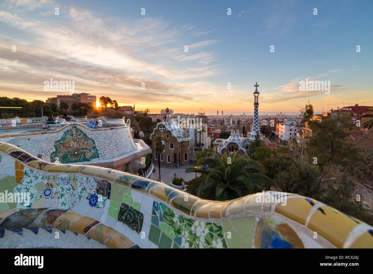 Sunrise view of the Park Guell in Barcelona, Spain. Stock Photo