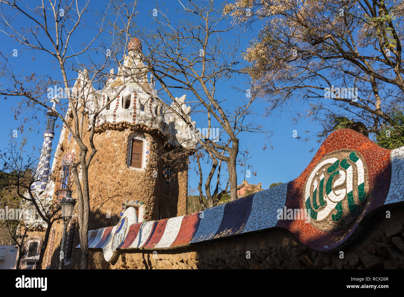 Barcelona, Spain - March 28, 2018: Part of the stone fence of Park Guell in Barcelona, Spain Stock Photo