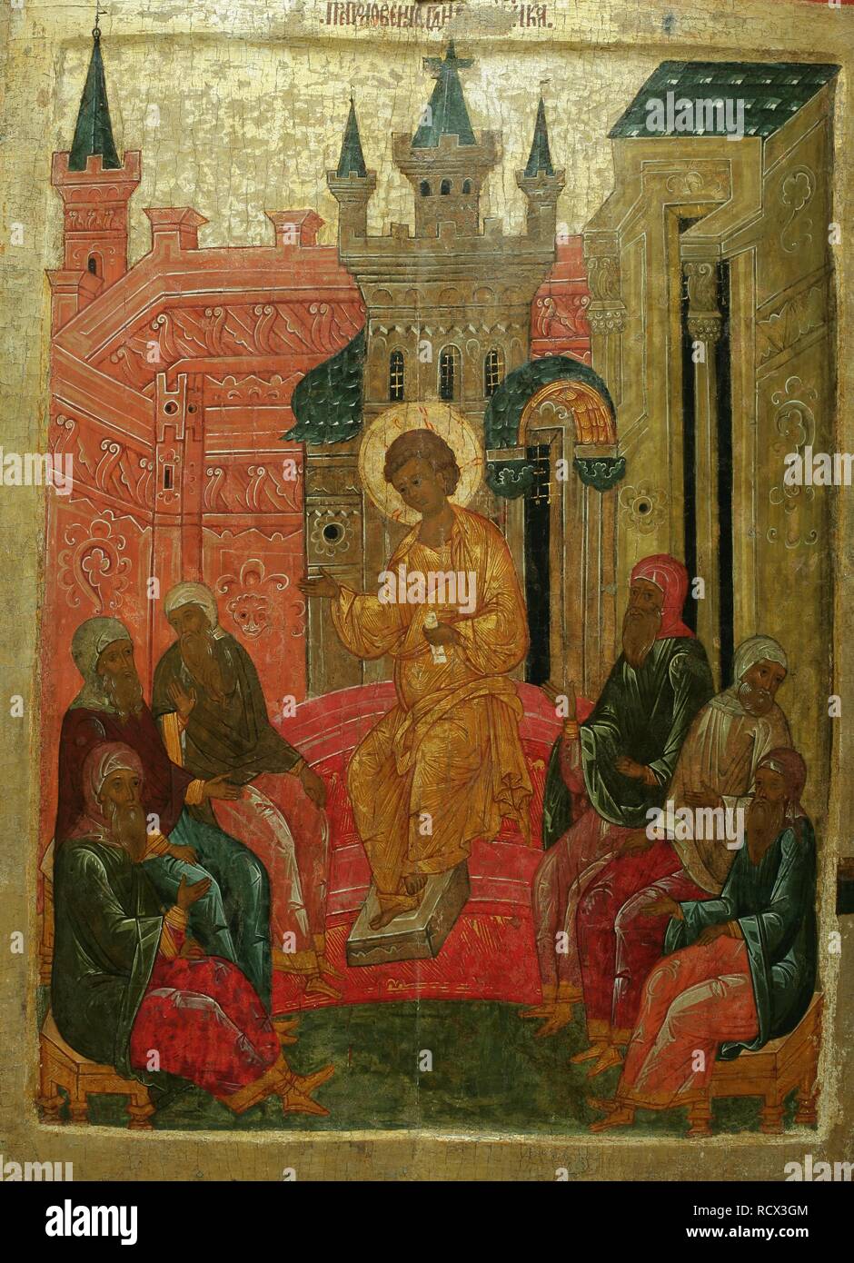 Prepolovenie (Christ among the Doctors). Museum: State Open-air Museum of History, Architecture and Art, Pskov. Author: Russian icon. Stock Photo